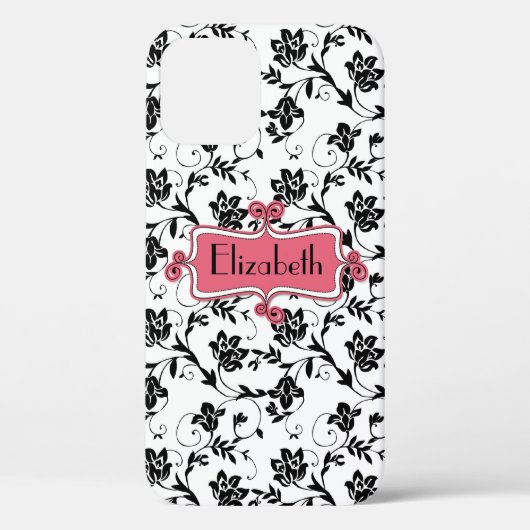 Gepersonaliseerde roze zwarte damast Case-Mate iPhone case (Achterkant)
