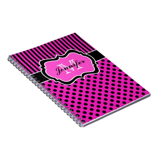 Gepersonaliseerde roze zwarte witte striped pooldo notitieboek (Rechterzijde)