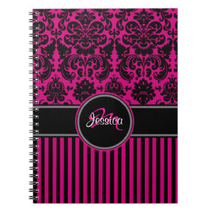 Gepersonaliseerde roze zwarte witte stripte Damask Notitieboek