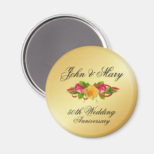 Gepersonaliseerde Rozen & gouden 50e bruiloft Jubi Magneet (Voorkant / Achterkant)