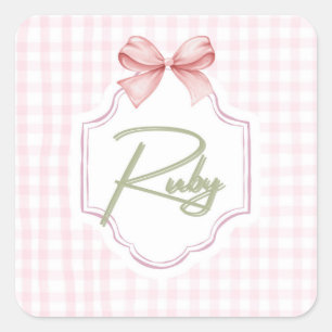 Gepersonaliseerde Ruby Baby Girl Nursery Bow & Gin Vierkante Sticker