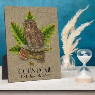 Gepersonaliseerde Rustic Burlap en Owl Nieuw Huis Fotoplaat