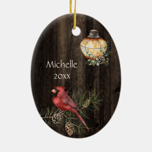 Gepersonaliseerde Rustic Lantern en Redbird Kerstm Keramisch Ornament (Achterkant)