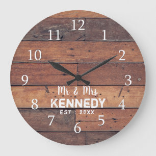 Gepersonaliseerde Rustic Wood Plank Farmhouse Mr & Grote Klok