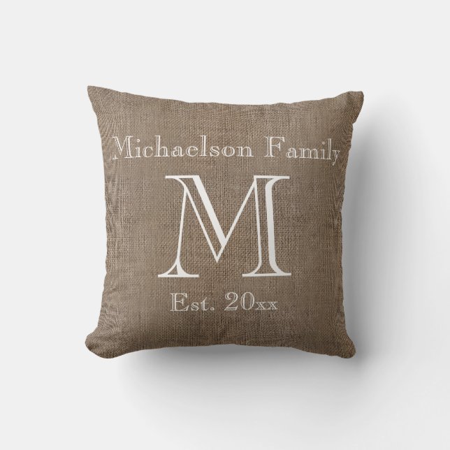 Gepersonaliseerde rustieke burlap-look familie aan kussen (Voorkant)