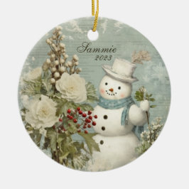 Gepersonaliseerde rustieke sneeuwman kerst keramisch ornament