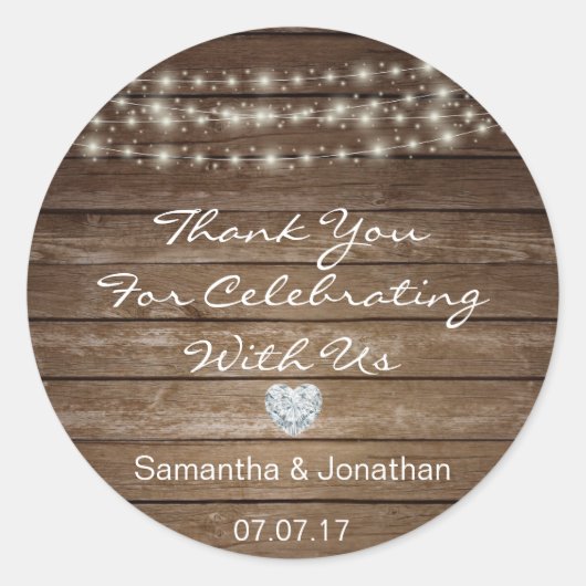 Gepersonaliseerde rustieke string verlichting hout ronde sticker (Voorkant)