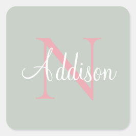 Gepersonaliseerde Sage Green Monogram roze Vierkante Sticker