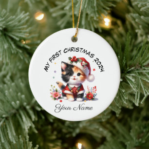 Gepersonaliseerde Santa Calico Kitten Eerste Kerst Keramisch Ornament