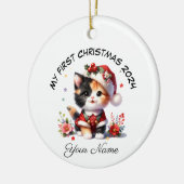 Gepersonaliseerde Santa Calico Kitten Eerste Kerst Keramisch Ornament (Links)