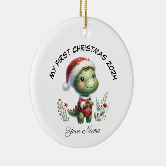 Gepersonaliseerde Santa Dinosaur Eerste Kerstdag Keramisch Ornament (Rechts)