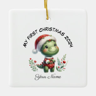 Gepersonaliseerde Santa Dinosaur Eerste Kerstdag Keramisch Ornament