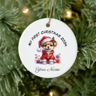 Gepersonaliseerde Santa Dog Puppy Eerste Kerstmis Keramisch Ornament