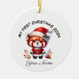 Gepersonaliseerde Santa Red Panda Beer Eerste Kers Keramisch Ornament