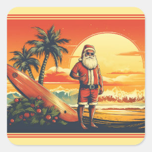 Gepersonaliseerde Santa Surfing Retro Beach Kerstm Vierkante Sticker