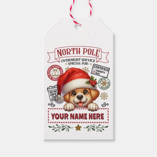 Gepersonaliseerde Santa's Gift Label met leuke pup Cadeaulabel (Voorkant)