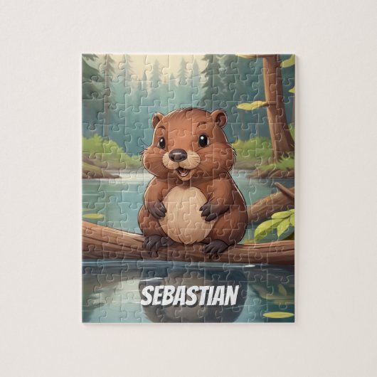 Gepersonaliseerde schattige bever kinder legpuzzel (Verticaal)