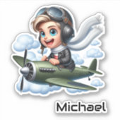 Gepersonaliseerde Schattige Jongen Vliegtuig Fun K Sticker (Voorkant)