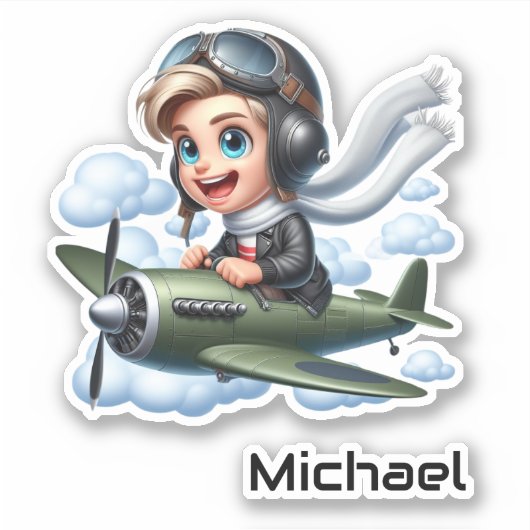 Gepersonaliseerde Schattige Jongen Vliegtuig Fun K Sticker (Voorkant)