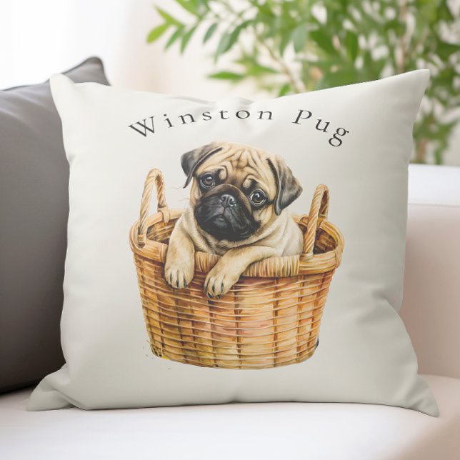 Gepersonaliseerde schattige moderne huisdier pug kussen (cute personalized  modern pug dog throw cushion with custom name space , ideal for any pug lover
)