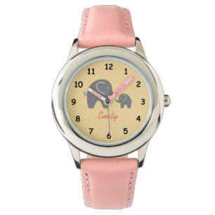 Gepersonaliseerde schattige roze grijze olifantenm horloge