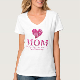 Gepersonaliseerde Schattige Roze Hart MOM Bloemen  T-shirt