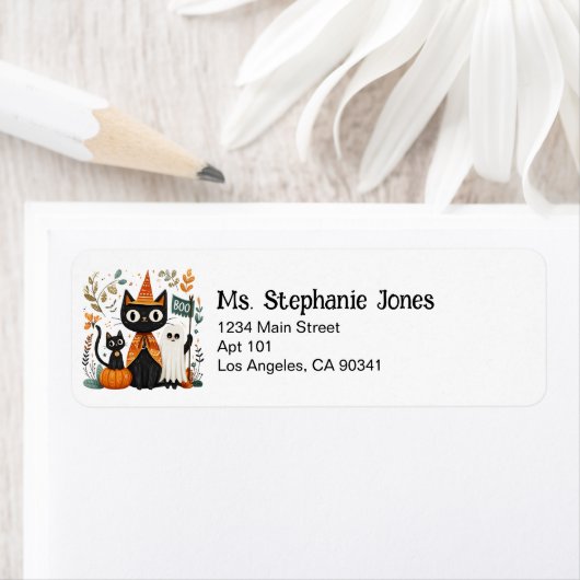 Gepersonaliseerde Schattigee Black Cat & Ghost Hal Etiket (Insitu)
