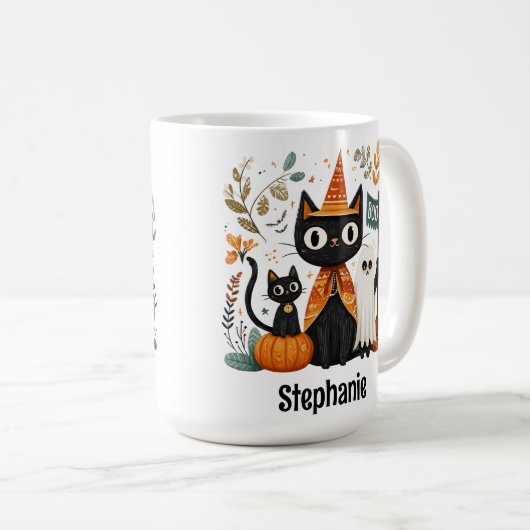 Gepersonaliseerde Schattigee Black Cat & Ghost Hal Koffiemok (Voorkant rechts)