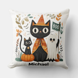 Gepersonaliseerde Schattigee Black Cat & Ghost Hal Kussen