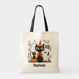 Gepersonaliseerde Schattigee Black Cat & Ghost Hal Tote Bag