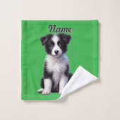 Gepersonaliseerde Schattigee Border Collie Puppy Bad Handdoek (Wasdoekje)