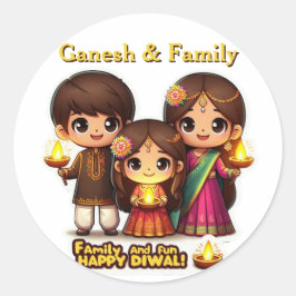 Gepersonaliseerde Schattigee Familie in Diwali Att Ronde Sticker