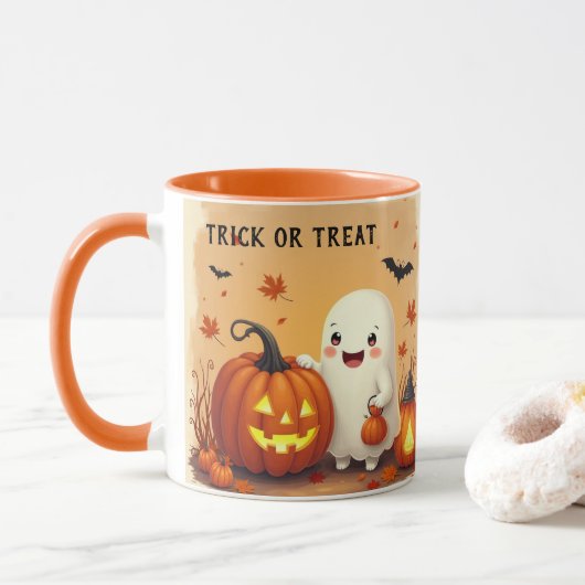 Gepersonaliseerde Schattigee Ghost & Pumpkin Hall Mok (Met donut)