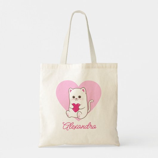 Gepersonaliseerde Schattigee Kawaii Roze Hart Kat Tote Bag (Achterkant)