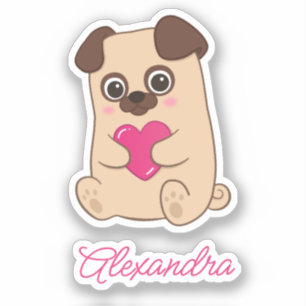 Gepersonaliseerde Schattigee Kawaii Roze Hart Pug Sticker
