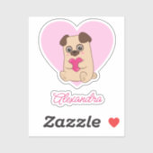 Gepersonaliseerde Schattigee Kawaii Roze Hart Pug Sticker (Vel)
