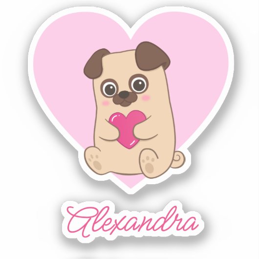 Gepersonaliseerde Schattigee Kawaii Roze Hart Pug Sticker (Voorkant)