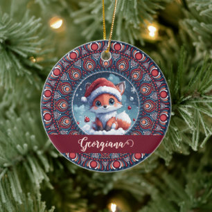 Gepersonaliseerde Schattigee Kerst Kawaii Fox Dot Keramisch Ornament