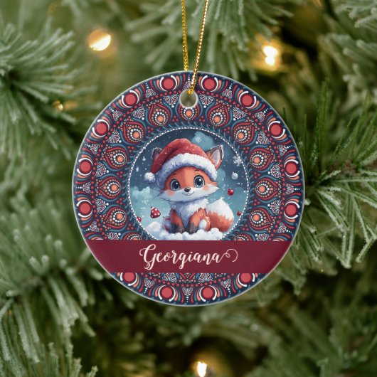 Gepersonaliseerde Schattigee Kerst Kawaii Fox Dot  Keramisch Ornament (Boom)
