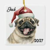 Gepersonaliseerde Schattigee Kerstman Pug Keramisch Ornament (Voorkant)