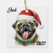 Gepersonaliseerde Schattigee Kerstman Pug Keramisch Ornament (Voorkant)