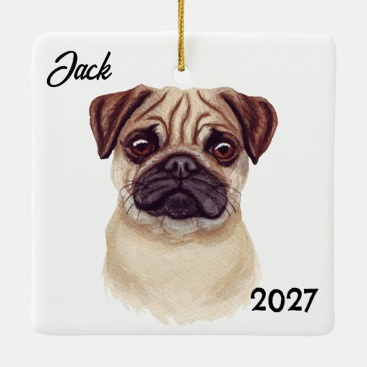 Gepersonaliseerde Schattigee Kerstmopshond Keramisch Ornament (Achterkant)