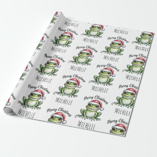 Gepersonaliseerde Schattigee kikker Kerstman Hat K Cadeaupapier