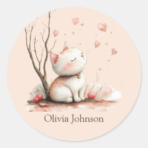 Gepersonaliseerde Schattigee kitten met harten Ronde Sticker