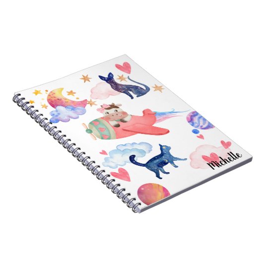 Gepersonaliseerde Schattigee Koe Space Cats Moon W Notitieboek (Rechterzijde)