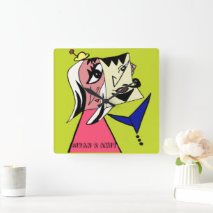 Gepersonaliseerde Schattigee paar Cartoon wandklok Vierkante Klok