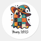 Gepersonaliseerde Schattigee Patchwork Ghost Hallo Ronde Sticker (Voorkant)