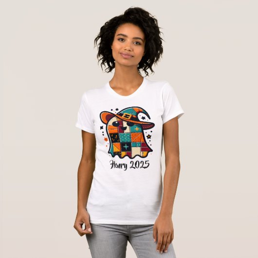 Gepersonaliseerde Schattigee Patchwork Ghost Hallo T-shirt (Voorkant volledig)