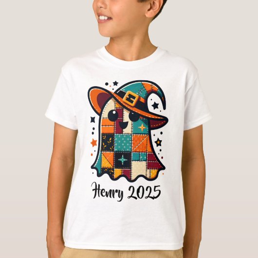Gepersonaliseerde Schattigee Patchwork Ghost Hallo T-shirt (Voorkant)