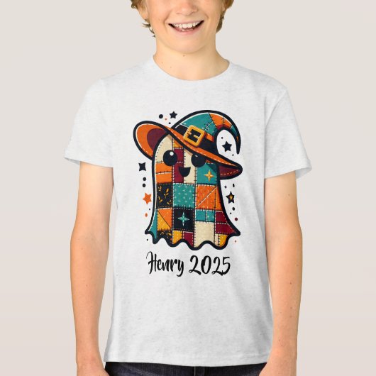 Gepersonaliseerde Schattigee Patchwork Ghost Hallo Tri-Blend Shirt (Voorkant)